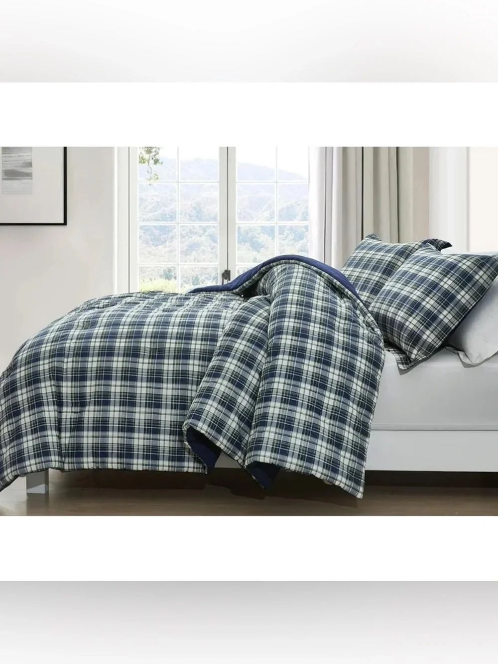 Reversible Navy Plaid Full 3 piece Comforter Set 100% cotton